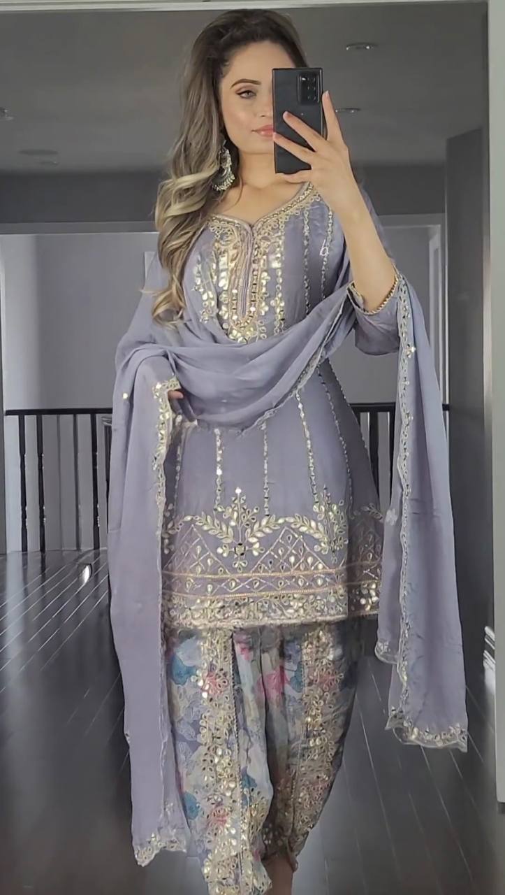 Faux georgette Top Dhoti Salwar Dupatta Set